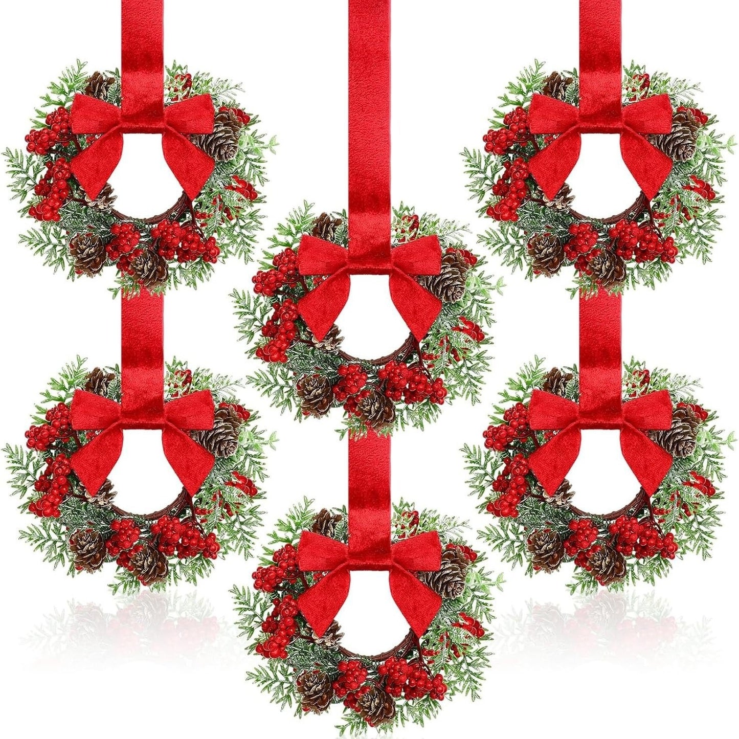 🎅Early Christmas Sale-🎄6-Pack Christmas Mini Window Wreaths with Ribbon Bows & Red Berries