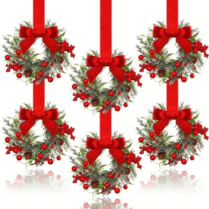 🎅Early Christmas Sale-🎄6-Pack Christmas Mini Window Wreaths with Ribbon Bows & Red Berries